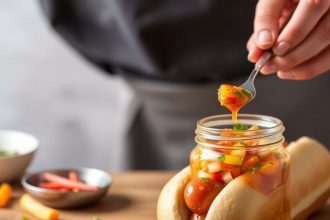 صلصة الهوت دوغ المنزلية الملونة في وعاء صغير بجانب سندويتش هوت دوغ