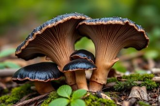 يدان تقطفان فطر البوق الأسود المتخفّي بين الأوراق الرطبة