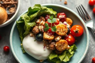 وجبة مغذية وسريعة: طبق ملون من خضار طازجة وبروتين بسيط