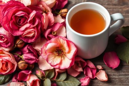 بتلات ورد مجففة في وعاء زجاجي تحضير شاي زهري