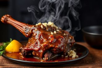 ذيل بقري مدخن وطري على طبق رخامي، بخار يتصاعد وصلصة غنية وتزيين