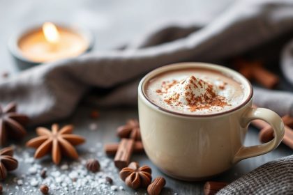 خليط شوكولاتة ساخنة محلي الصنع بجانب كوب بخار ودافئ