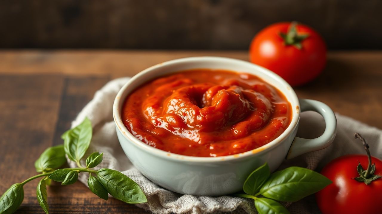 قدر صلصة طماطم سميكة وغنية تتكثف بسرعة مع ملعقة خشبية