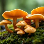 فطر الشانتيريل الذهبي يتألق على أرض غابية رطبة بعد المطر