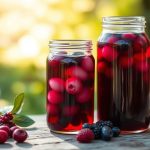 زجاجة كورديال توت بري منزلي بجانب كوب وثمار برية