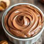 ملعقة ترفع كريمة بندق وشوكولاتة منزلية ناعمة داخل وعاء