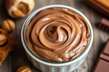 ملعقة ترفع كريمة بندق وشوكولاتة منزلية ناعمة داخل وعاء