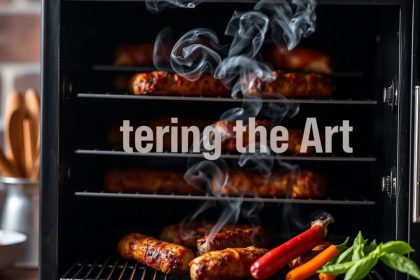 مدخنة كهربائية مع قطع لحم مدخن ودخان يتصاعد