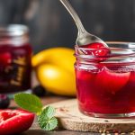 برطمان مربى مع فواكه وسكر ومقياس يبين نسبة الفاكهة إلى السكر