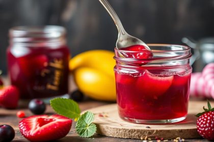 برطمان مربى مع فواكه وسكر ومقياس يبين نسبة الفاكهة إلى السكر