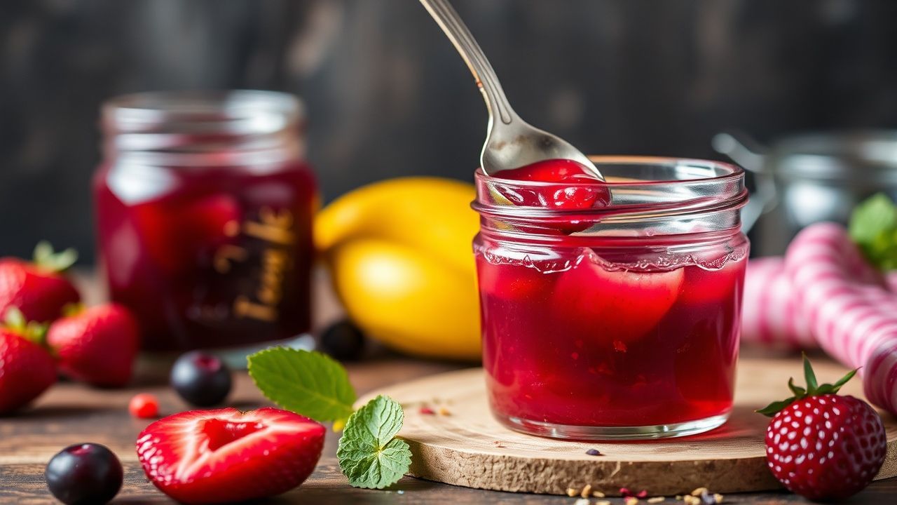 برطمان مربى مع فواكه وسكر ومقياس يبين نسبة الفاكهة إلى السكر