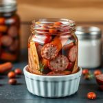 نقانق مخللة منزلية بتتبيلة حامضة ومستلزمات التعبئة في مطبخ منزلي