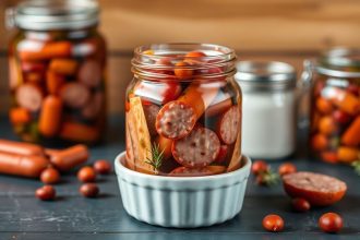 نقانق مخللة منزلية بتتبيلة حامضة ومستلزمات التعبئة في مطبخ منزلي