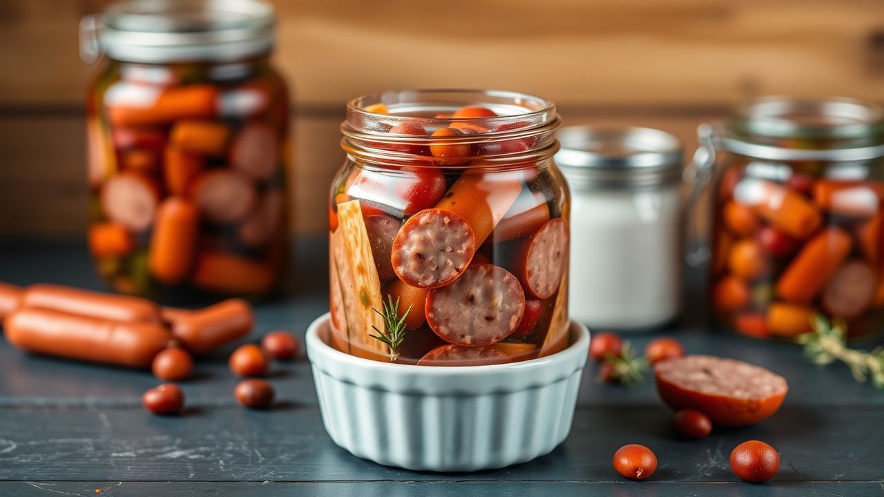 نقانق مخللة منزلية بتتبيلة حامضة ومستلزمات التعبئة في مطبخ منزلي