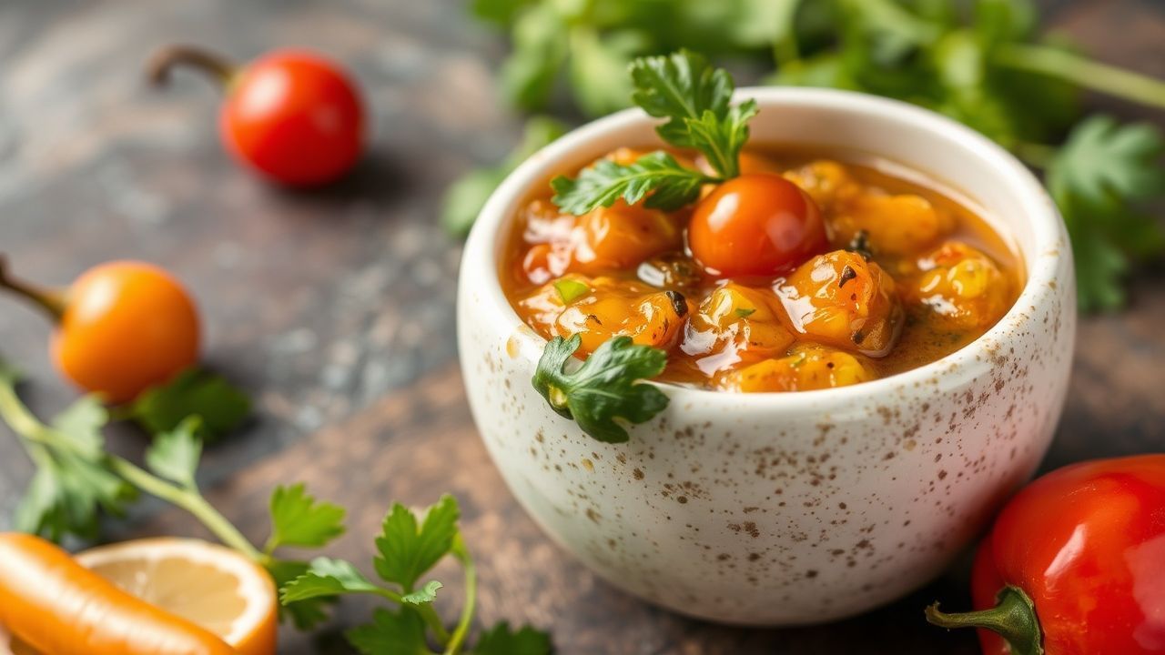 طبق مخلل فلفل حلو وحار، ألوان زاهية وقطع لامعة وملمس مقرمش