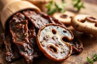 شرائح مشروم متبلة ومجففة تشبه الجيركي على لوح خشبي