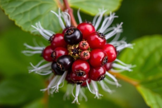 توت سام بنفسجي يشبه الحرمل على غصن مع أوراق قاتمة