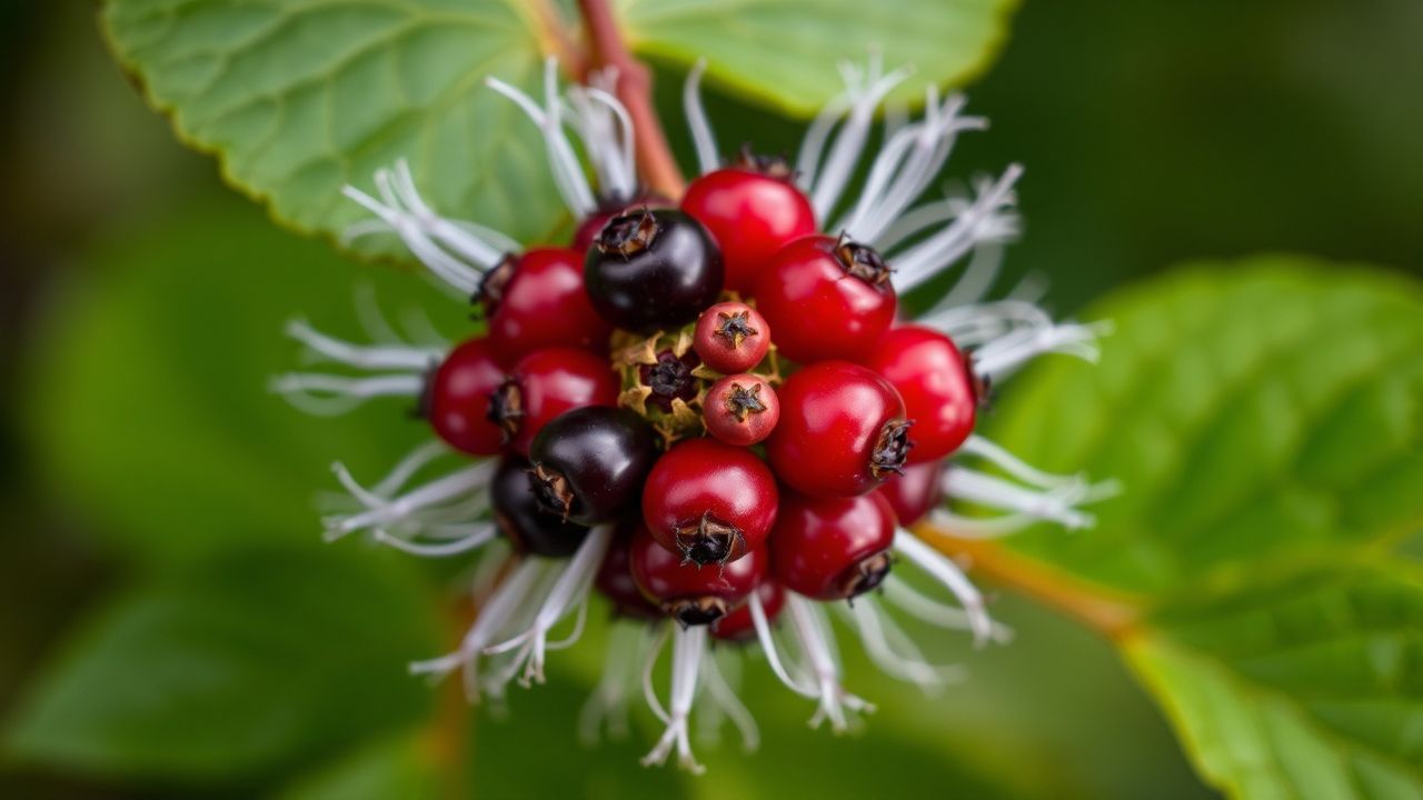 توت سام بنفسجي يشبه الحرمل على غصن مع أوراق قاتمة