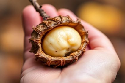 سلة مليئة بجوز أبيض متناثرة بين أوراق خريفية في غابة