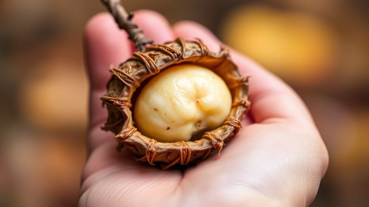 سلة مليئة بجوز أبيض متناثرة بين أوراق خريفية في غابة