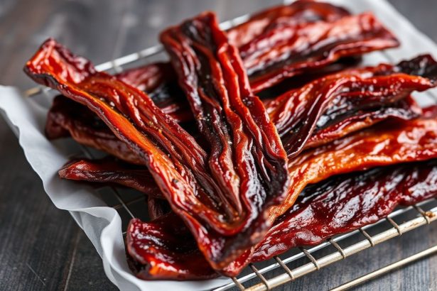 شرائح لحم جاف ذهبية على رف تجفيف مع مقياس حرارة