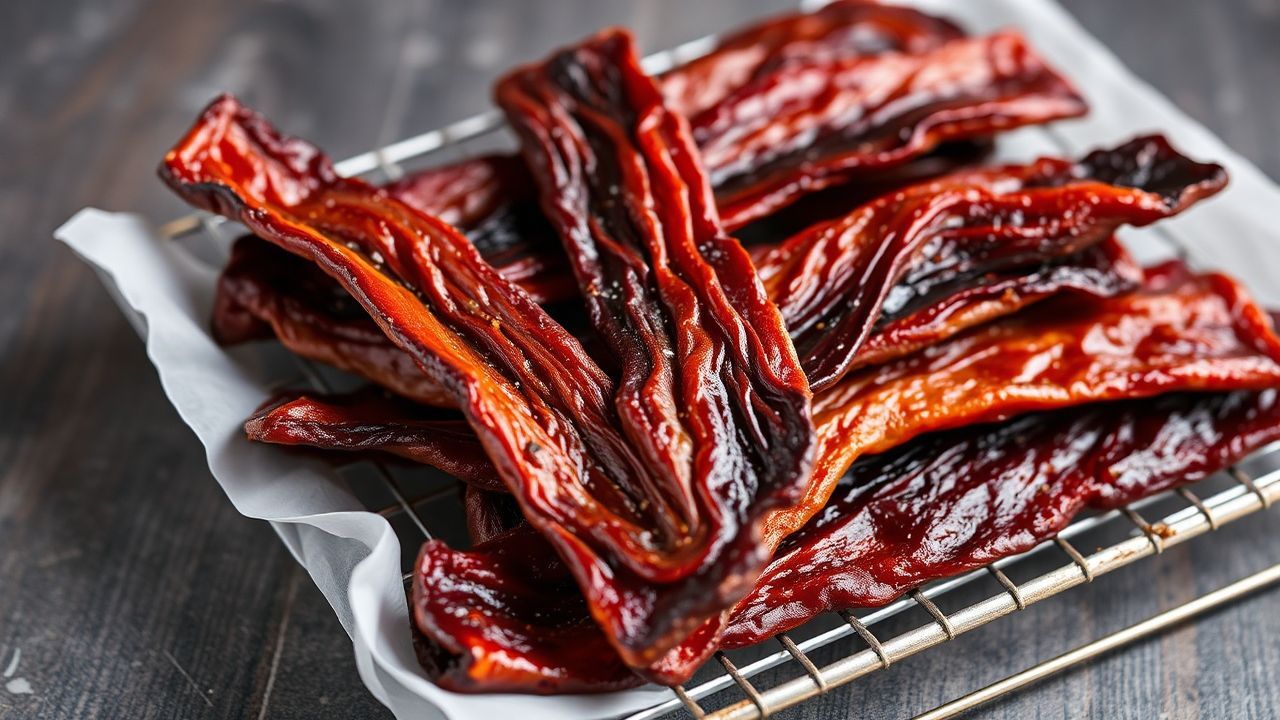 شرائح لحم جاف ذهبية على رف تجفيف مع مقياس حرارة