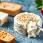 وعاء جبنة كريمية منزلية مع ملعقة وخبز طازج وأعشاب
