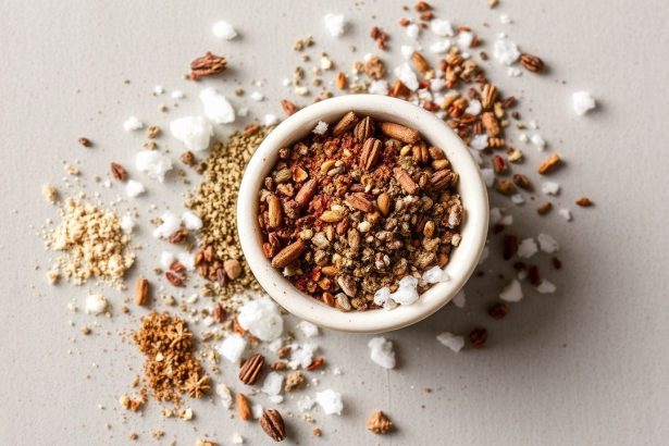 أيدي تمزج توابل في طبق لإصلاح خليط مالح جداً