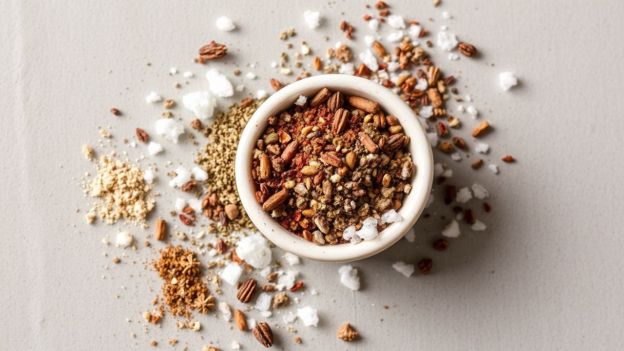 أيدي تمزج توابل في طبق لإصلاح خليط مالح جداً