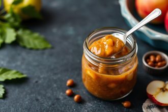 جرة تشاتني التفاح الحامض اللذيذ مع ملعقة خشبية وشرائح تفاح