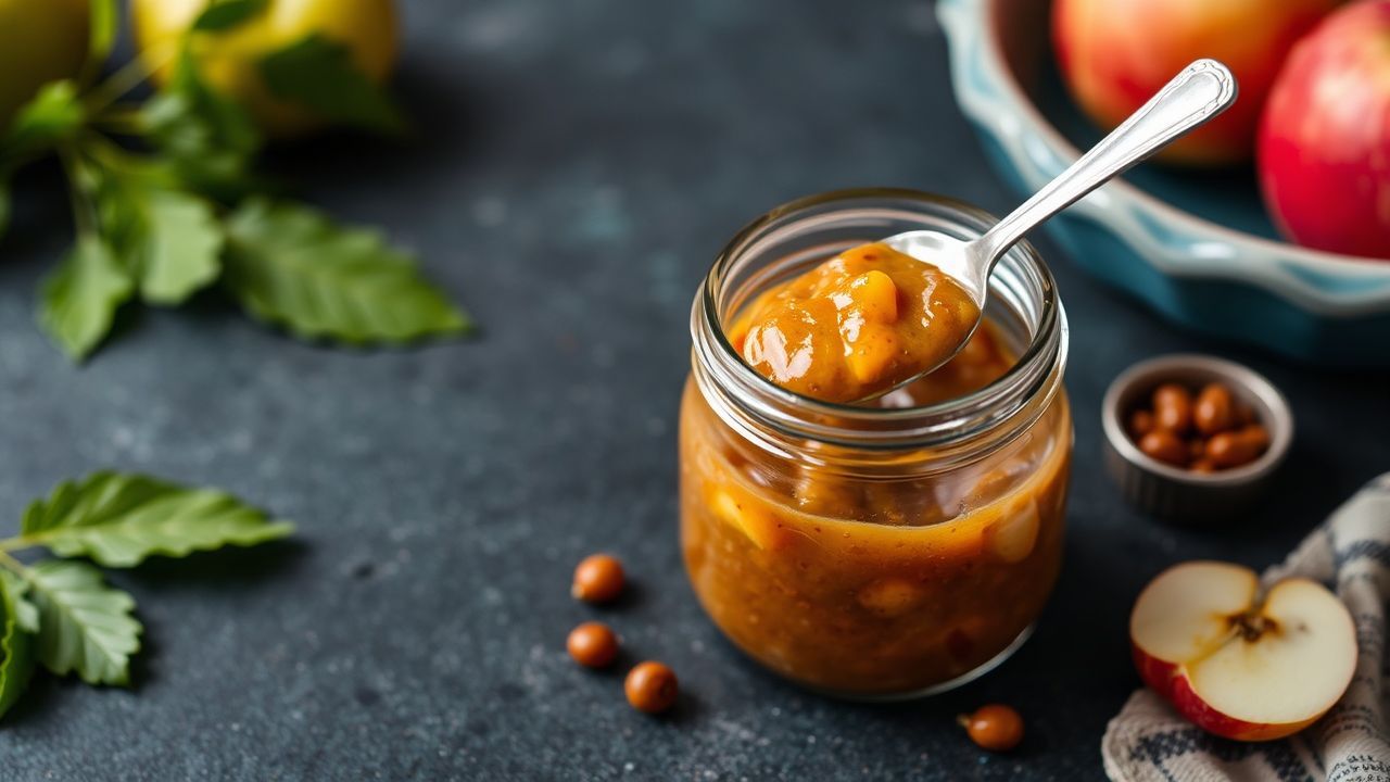 جرة تشاتني التفاح الحامض اللذيذ مع ملعقة خشبية وشرائح تفاح