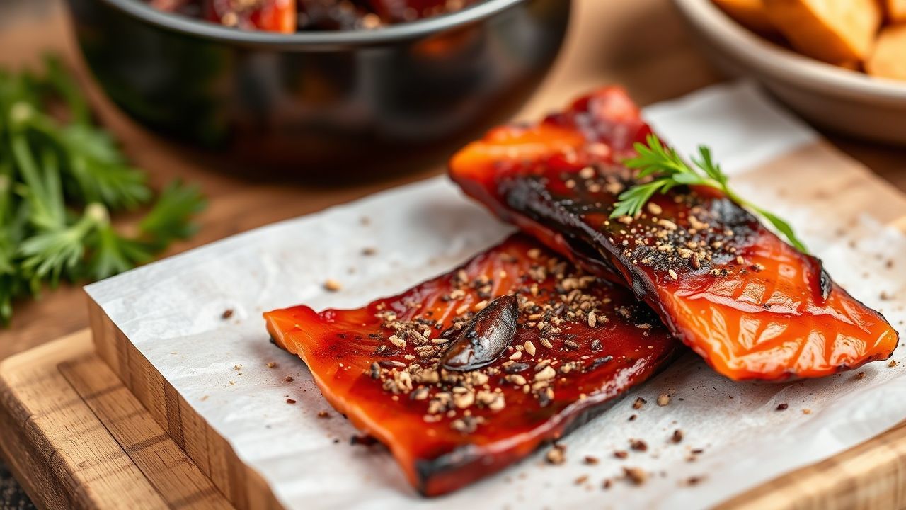 لحم السلمون المجفف المنزلي المالح على لوح مع أعشاب وخطوات الوصفة