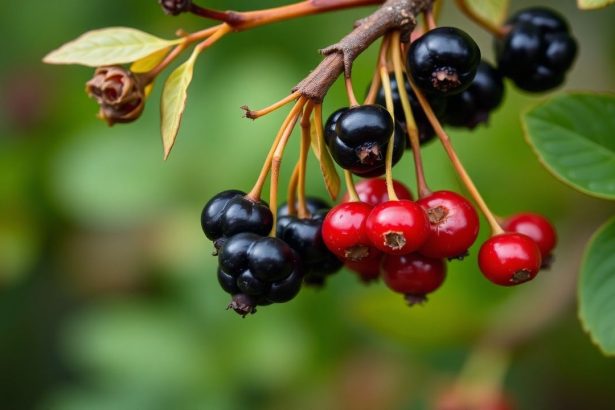 حبات توت غومي البري المتلألئة على غصن جاهز للجني