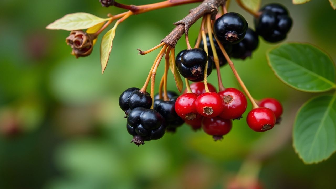 حبات توت غومي البري المتلألئة على غصن جاهز للجني