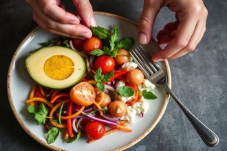 طبق ملون متوازن يظهر مكونات طازجة لوجبة صحية ومتكاملة