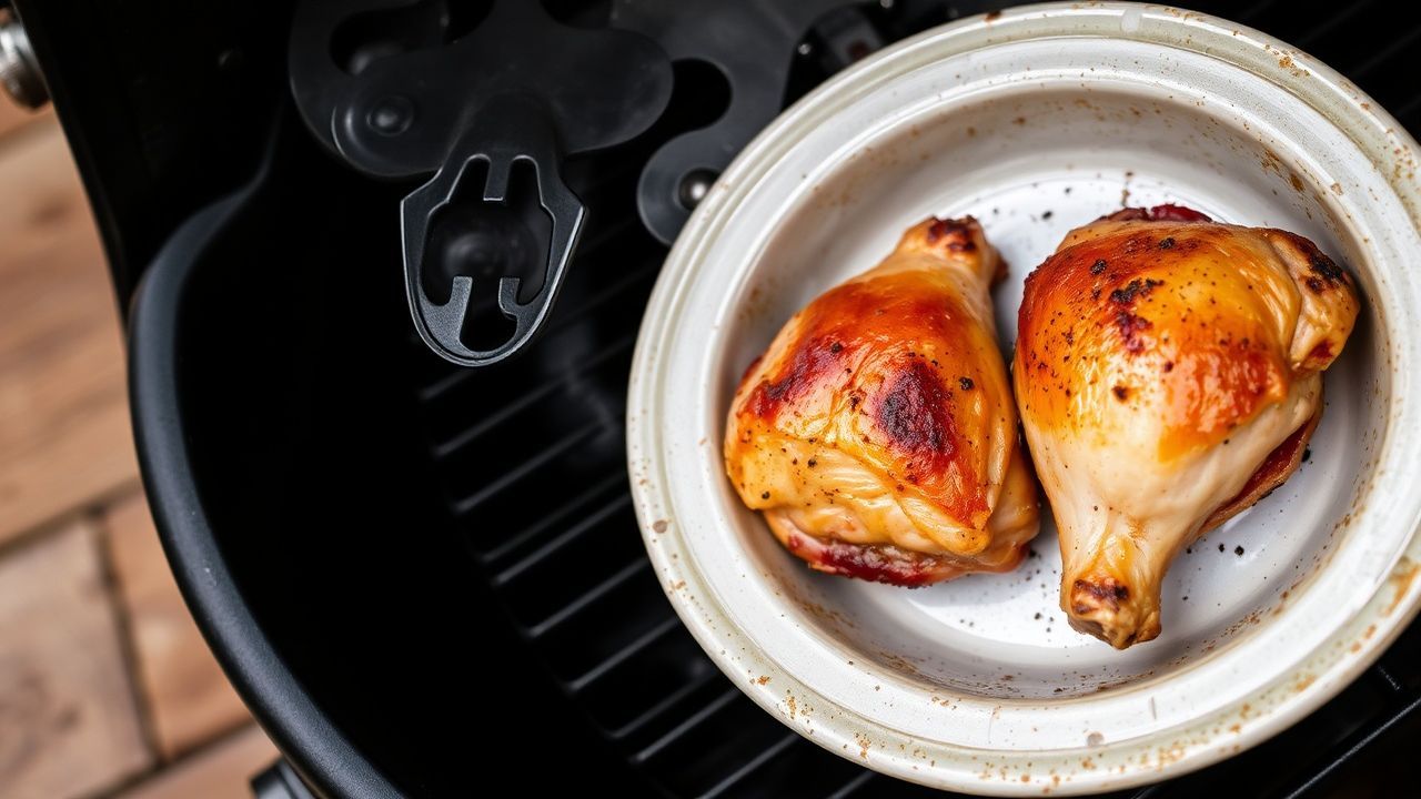 أفخاذ دجاج مدخنة، طرية وعصيرية، مرتبة على لوح تقديم