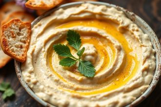 وعاء حمص كريمي محلي الصنع مع ملعقة وقطع خبز بيتا