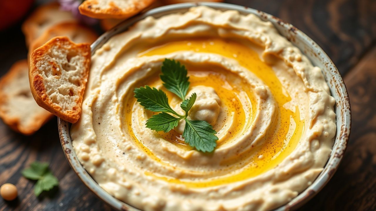 وعاء حمص كريمي محلي الصنع مع ملعقة وقطع خبز بيتا