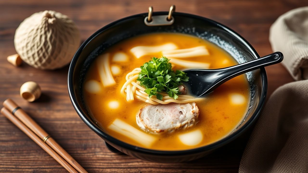 وعاء تونكوتسو رامِن غني بالكريم والمرق، عظام مطهوة ومكونات طازجة