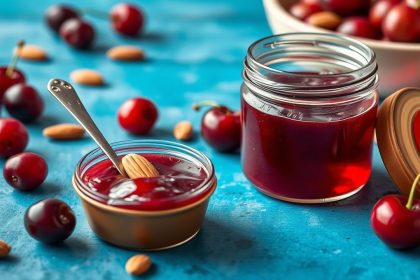 مرطبان مربى الكرز واللوز المنزلي مع ملعقة وشرائح خبز