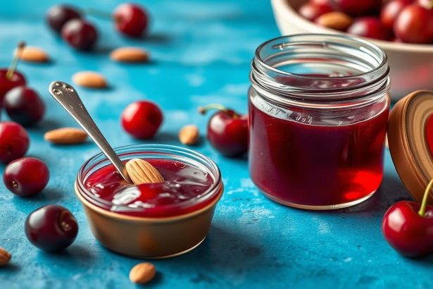 مرطبان مربى الكرز واللوز المنزلي مع ملعقة وشرائح خبز