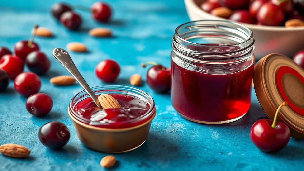 مرطبان مربى الكرز واللوز المنزلي مع ملعقة وشرائح خبز