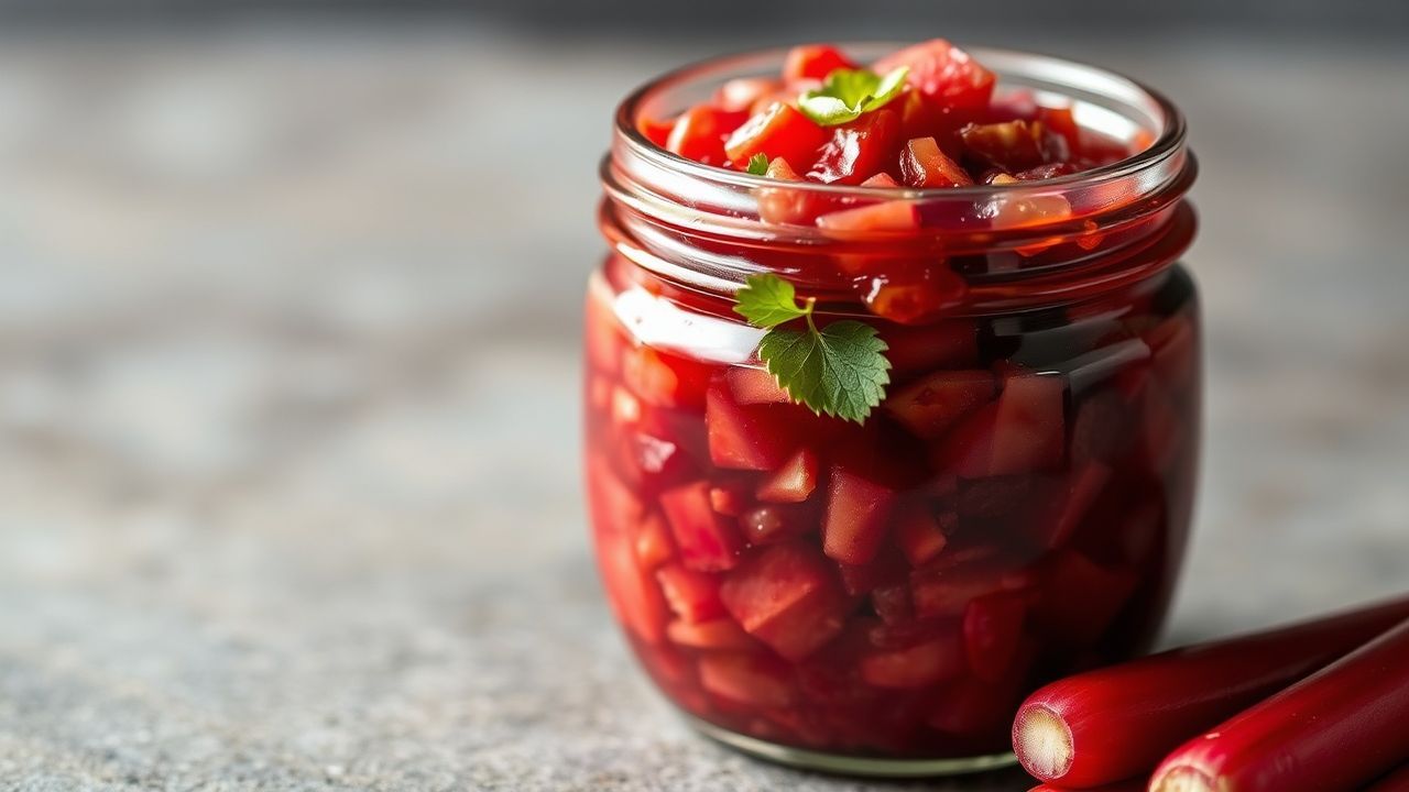 وعاء تشاتني الراوند الحامض مع ملعقة وخطوات تحضير