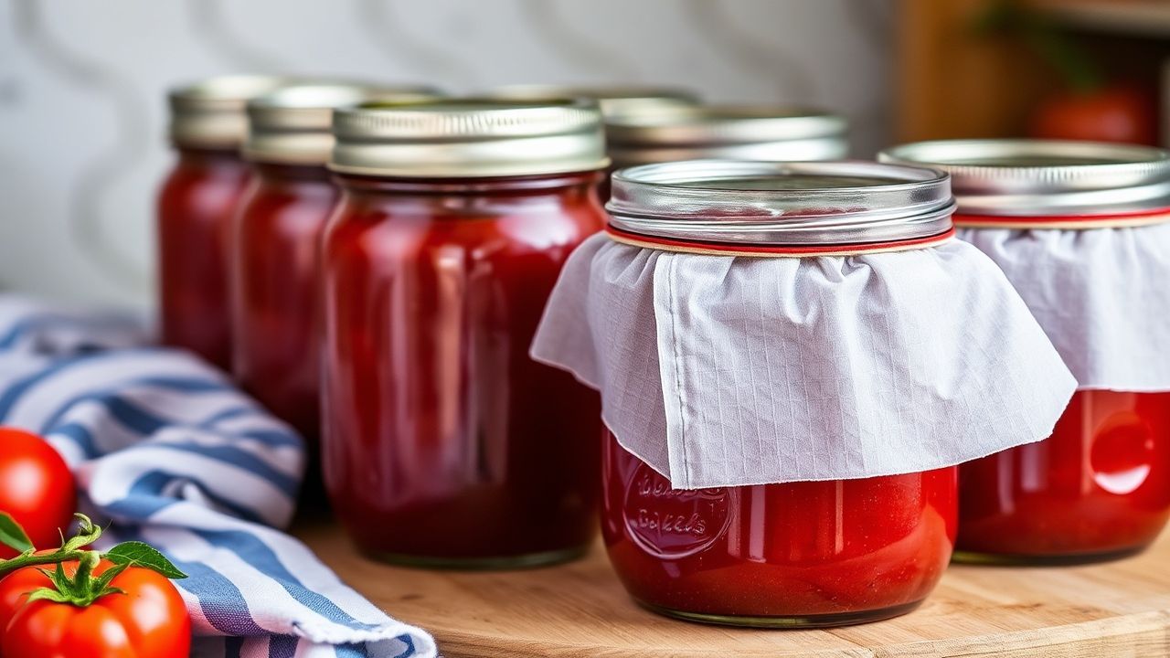 جرار باينت ممتلئة بصلصة طماطم منزلية للحفظ طويل الأمد