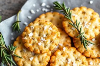 مقرمشات بإكليل الجبل وملح البحر مرتبة على لوح خشبي ريفي