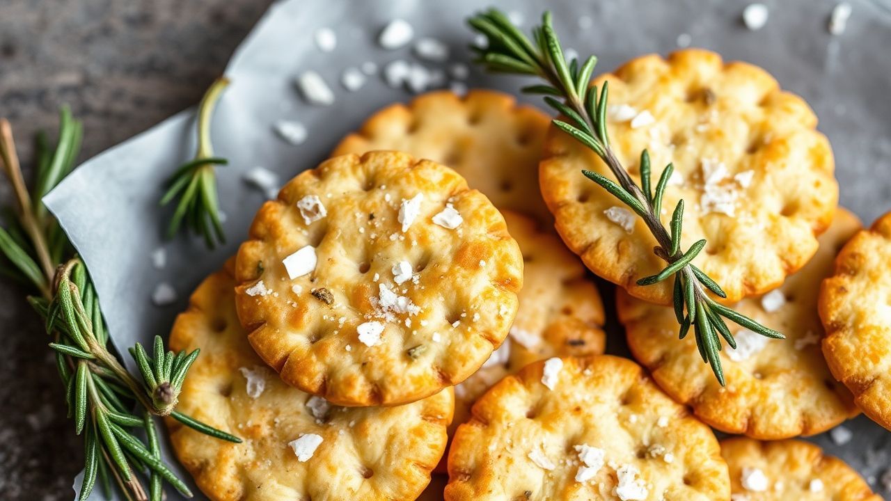 مقرمشات بإكليل الجبل وملح البحر مرتبة على لوح خشبي ريفي