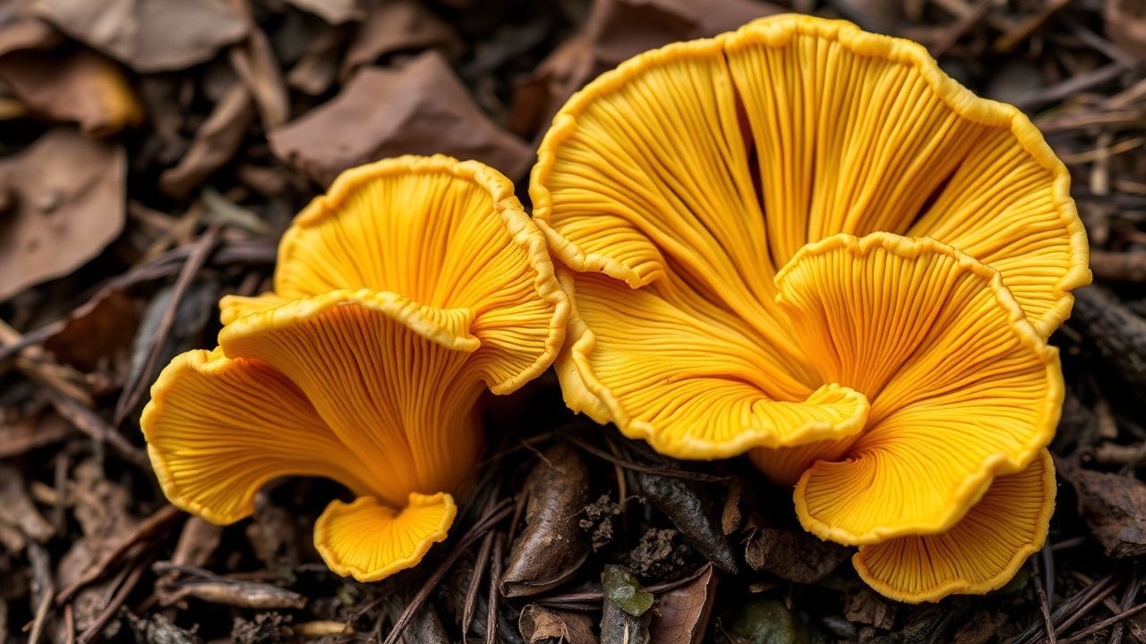 فطر الشانتريل بخياشيم حقيقية ينمو على أرض غابية رطبة