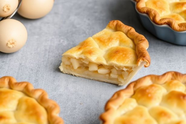 فطيرة تقليدية في وعاء بقشرة زبدة متقشرة وذهبية، مريحة ودافئة