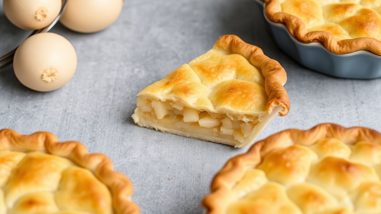 فطيرة تقليدية في وعاء بقشرة زبدة متقشرة وذهبية، مريحة ودافئة