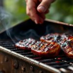 مشواة تقليدية تتوهج بالنيران فوق طاولة مليئة بأطباق الشواء التاريخية